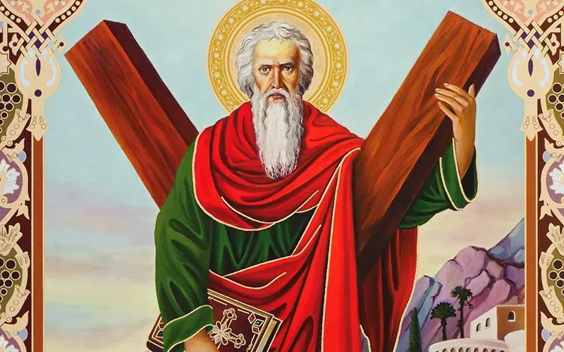 Painting of Saint Andrew the Apostle holding an X-shaped cross